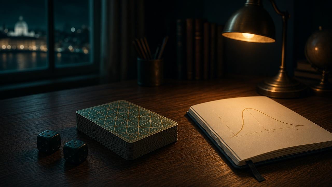 Mesa de estudo com dados, cartas e uma curva de probabilidade
