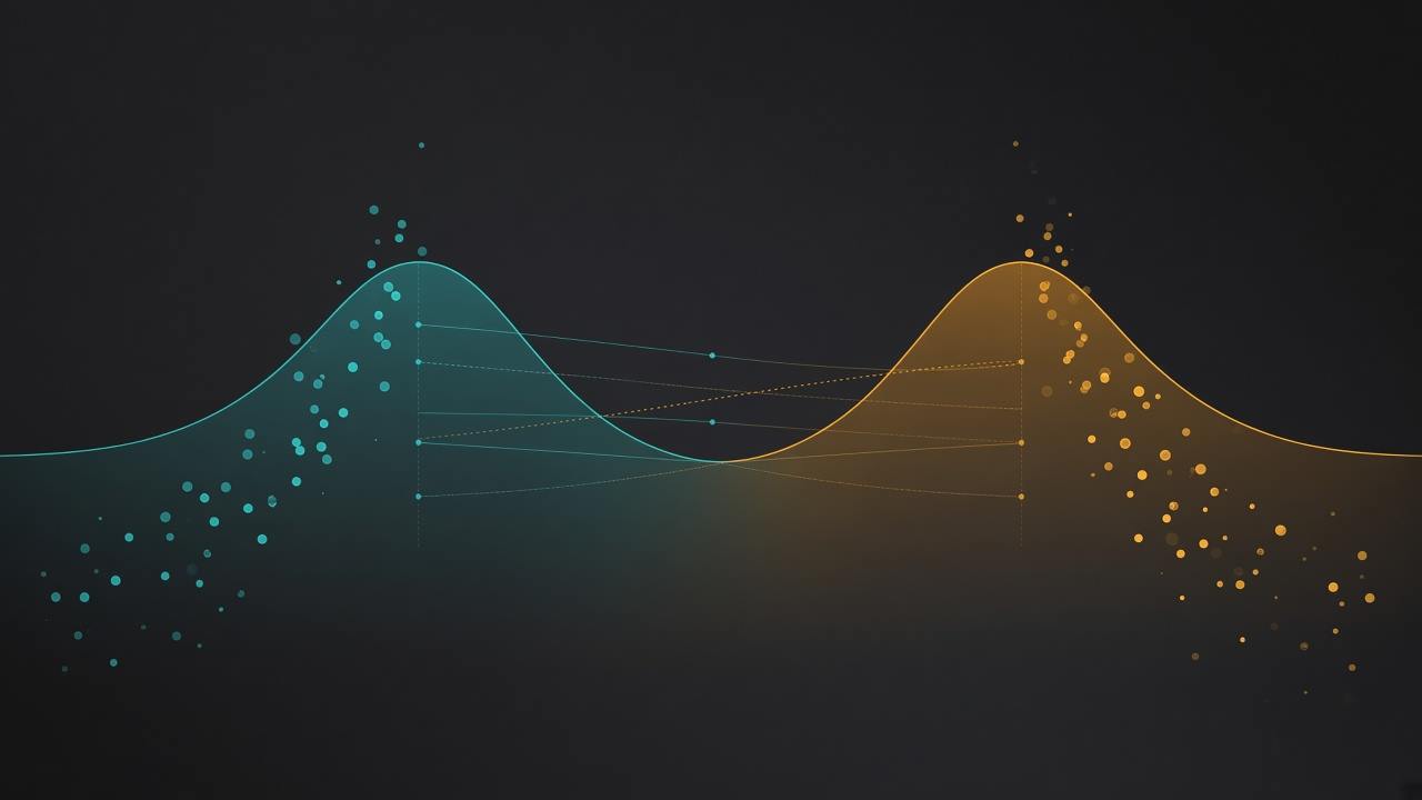 Diagrama abstrato de curvas de valor esperado em teal e âmbar